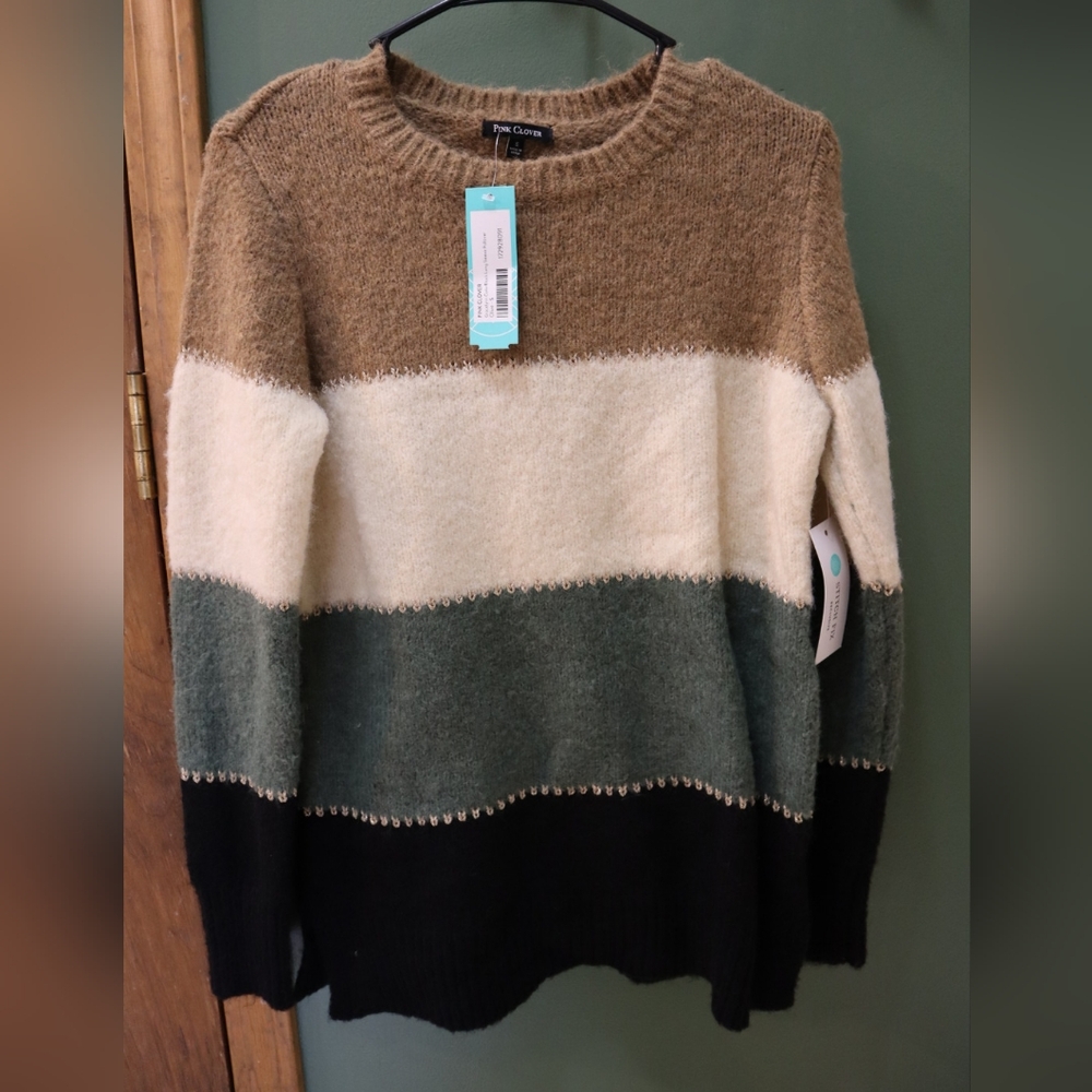 Pink Clover Women's Colorblock Sweater in Cream, Green, Black and Brown